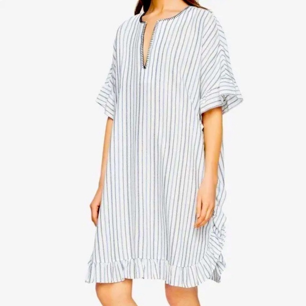 BCBG MAXAZRIA DOVE BLUE WHITE STRIPE RUFFLE EDGE CAFTAN DRESS WOMENS XS/SMALL